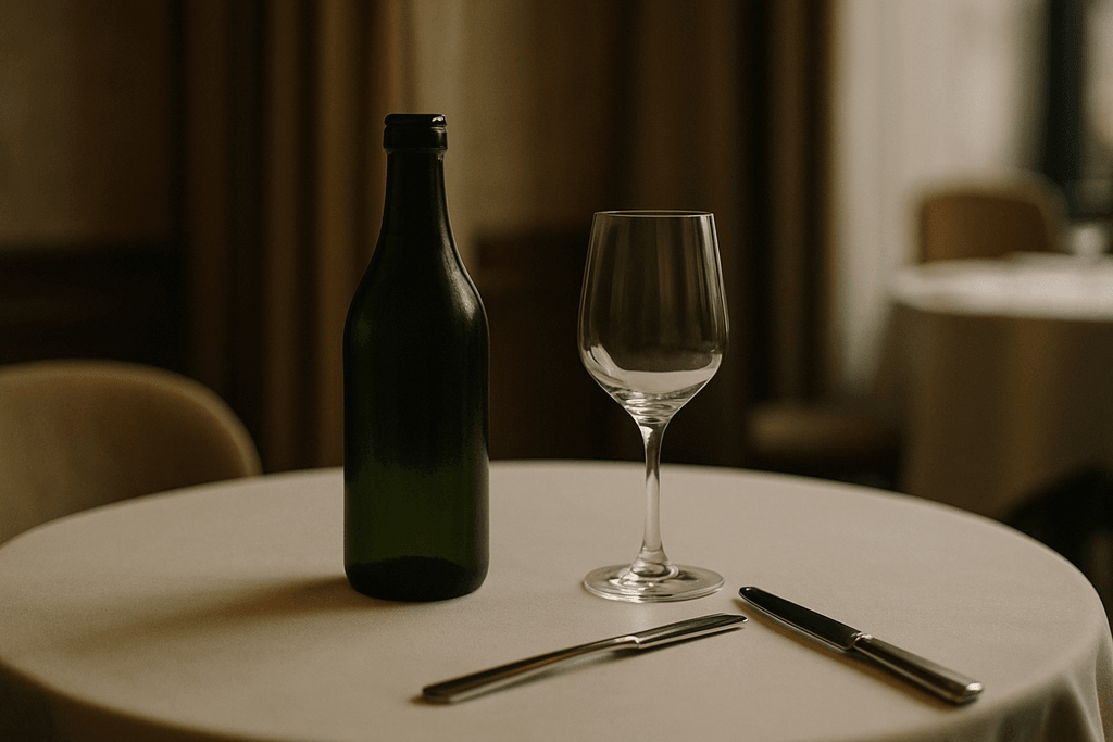 ミシュランレストランの食卓に置かれたノンアル飲料のボトルとグラス