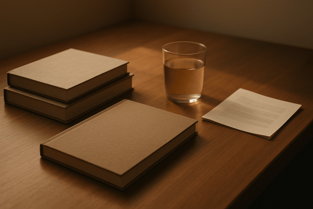 編集卓に置かれた書物と無印のグラス