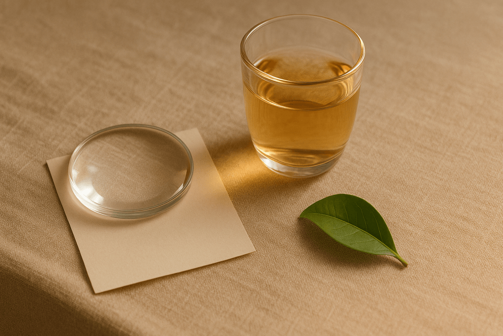 透明なガラス円盤と琥珀色の一杯 — ノンアルコールというレンズ